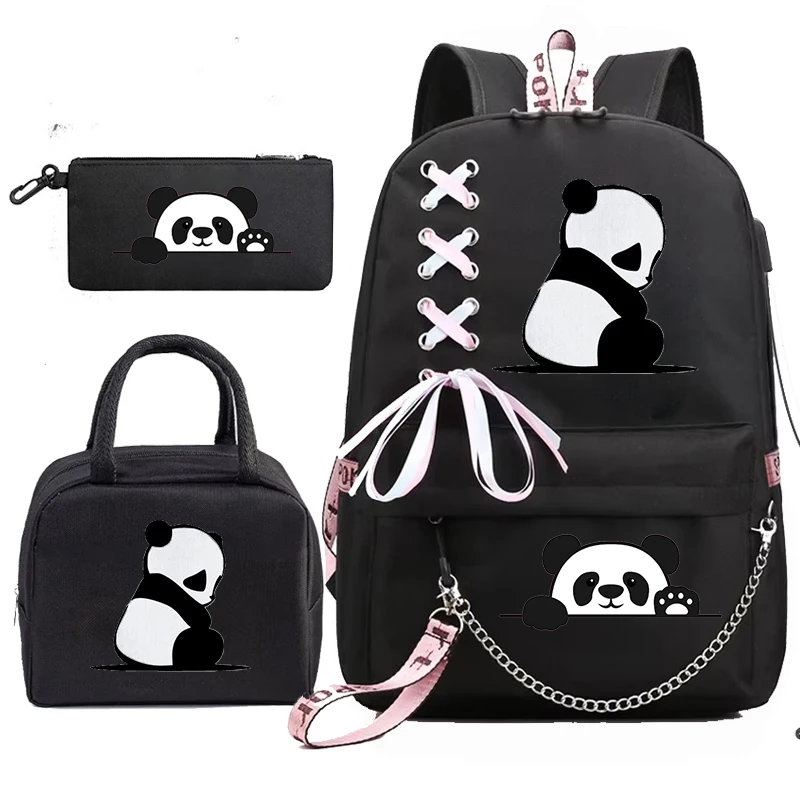 Teens School Bag Backpack Back Pack for Teenager Cartoon 3D Panda Print School Satchels with Portable Lunch Bags Mochila 3pcs