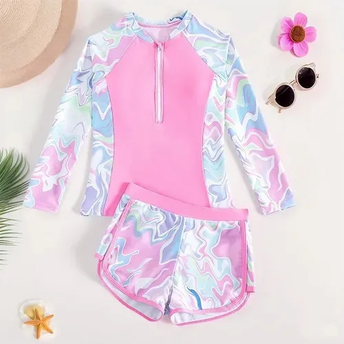Youth Girls Two-piece Swimsuit Set Fashion Print Long Sleeve Zipper Sun-protective Quick-Dry Surfing Bathing Suit Teen Swimwear