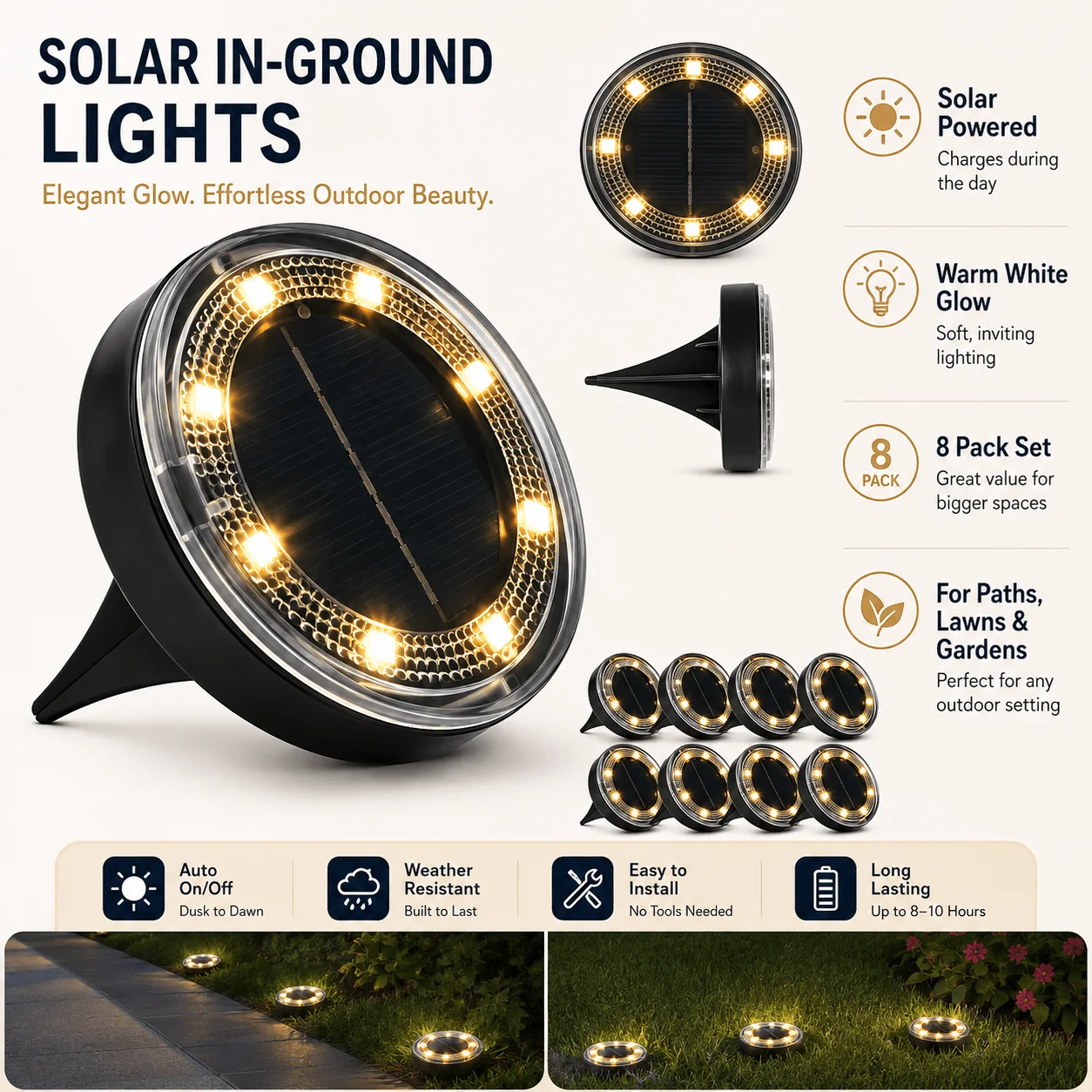 Outdoor Solar Ground Lights 8 Pack, White LED Disk Lights for Garden Path Lawn Yard Patio Driveway, Christmas Gift - view 6