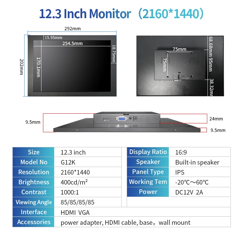 Imagem -05 - Zhixianda-cctv Monitor com Caixa de Metal hd Desktop Tela Lcd do Computador Widescreen Stand Display Vga Hdmi 12.3 2160x1440