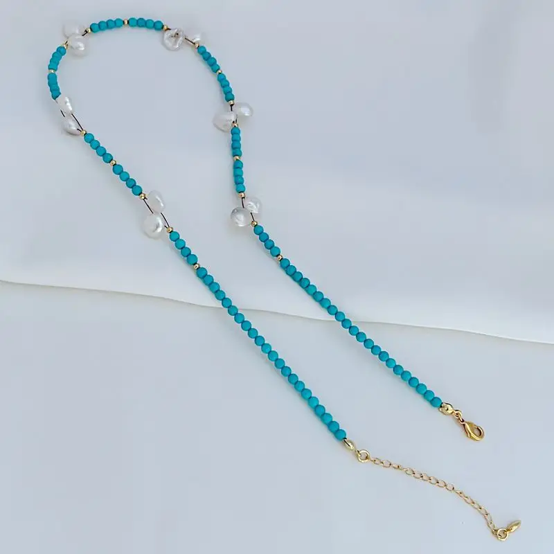 New Arrival Autumn Winter Classic Necklace Fresh Turquoise Stone Blue Beaded Strand Fresh Water Pearl Niche Exquisite Necklace