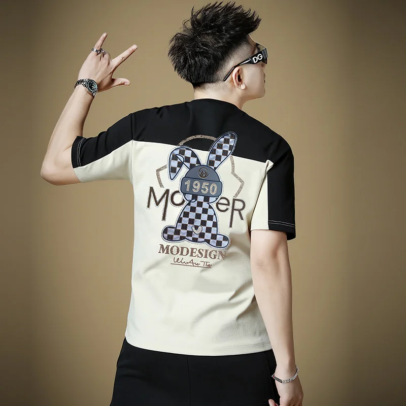 

Cartoon Rabbit Print Men's ort Sve T-irt Trendy round Ne Loose Fit Summer Faion Youthful Knitted Fabric Cool Sensa...