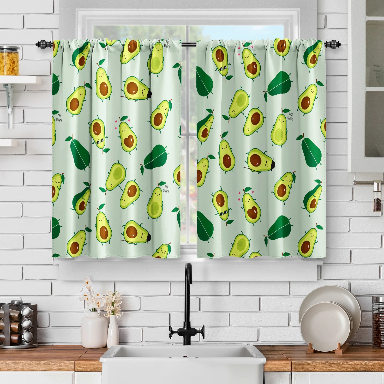 

2 Panels Cute Cartoon Avocado Kitchen Curtains, Country Farmhouse Rustic Nature Fruit Short Cafe Curtains Decor Window Drapes