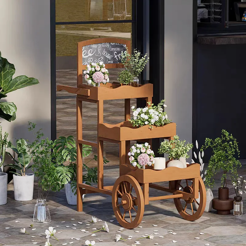 

Pastoral flower stand Solid wood cart shelf Balcony storage rack Shopping mall creative promotional car Outdoor decoration