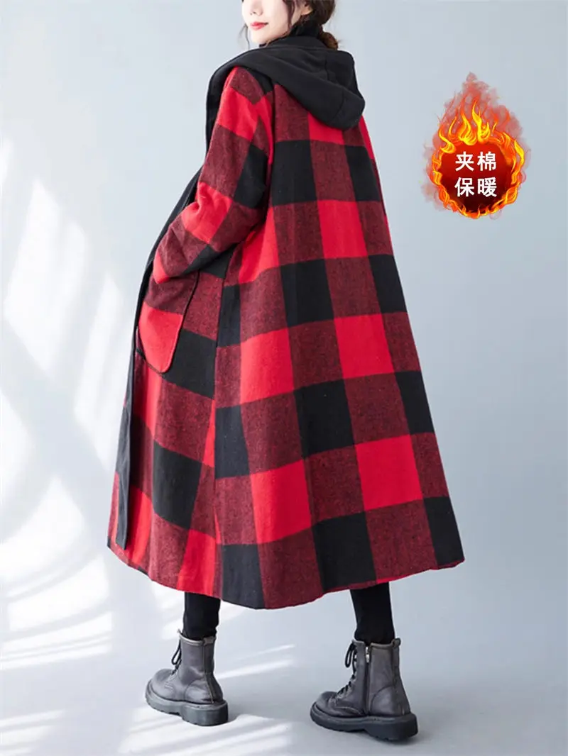 Large Size Plaid Long Woolen Coat Womens 2023 Oversized Stylish Cotton Quilted Warm Hooded Jacket Winter Windbreaker Z3059