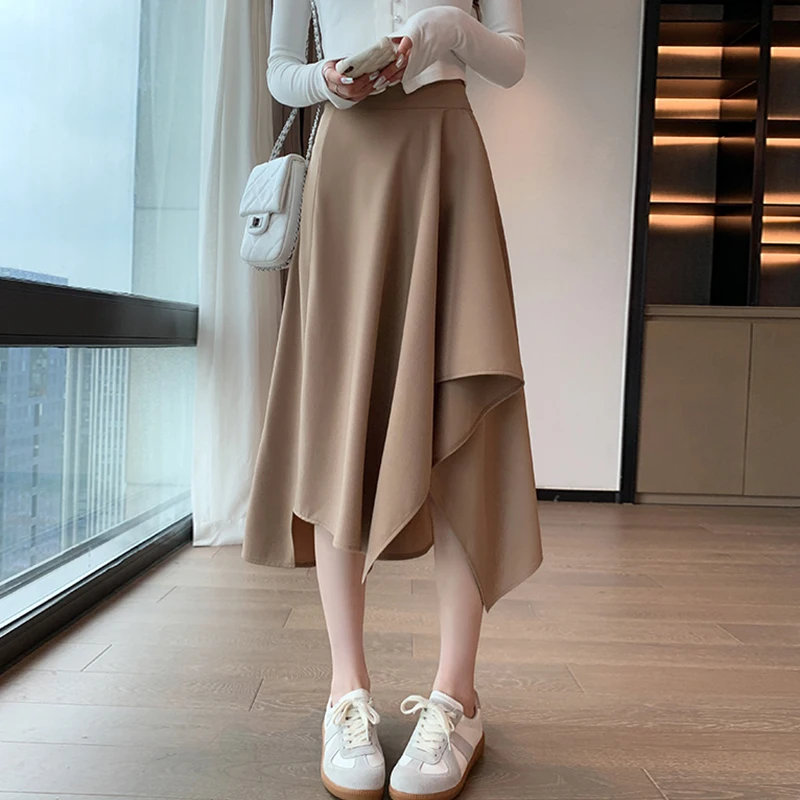 2025 nueva falda Midi Irregular de cintura alta, faldas plisadas de diseño a la moda para mujer, faldas largas elegantes de Color sólido para oficina para mujer