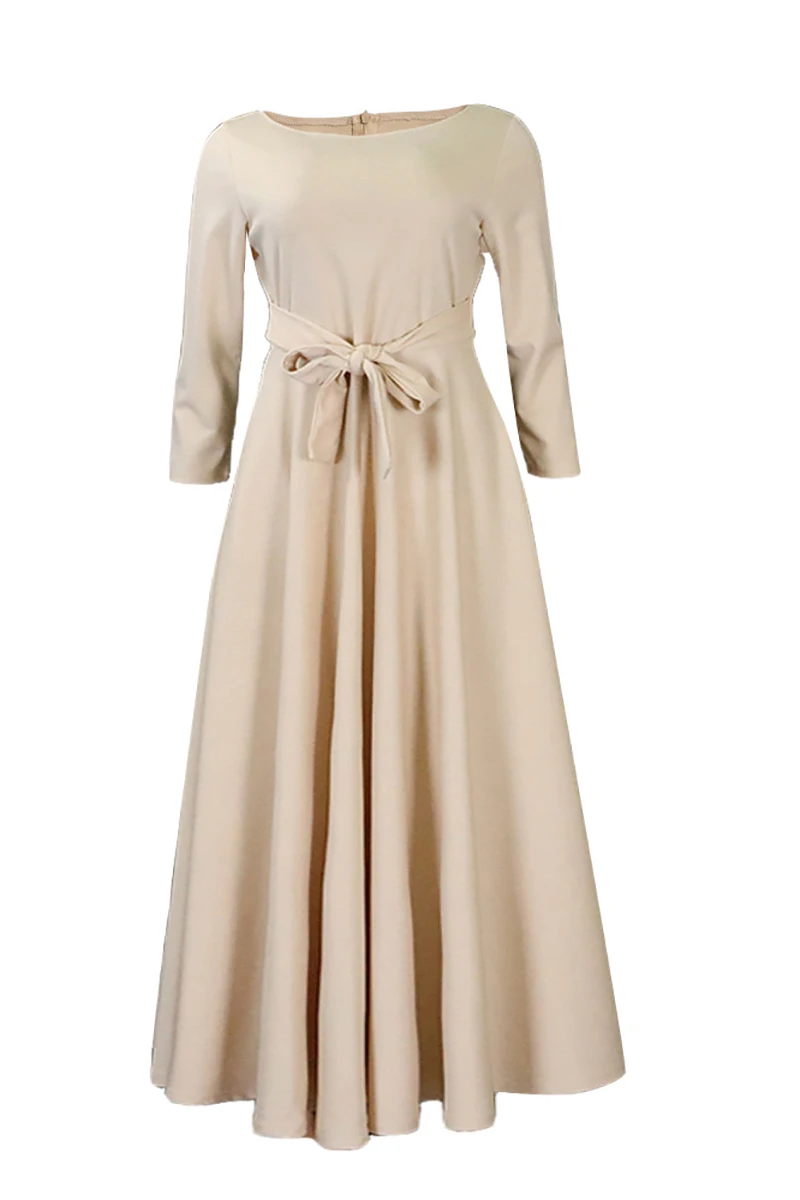 Plus Size Casual And Elegant Women'S Dresses Khaki Round Neck With Pocket Wrap Midi Dress