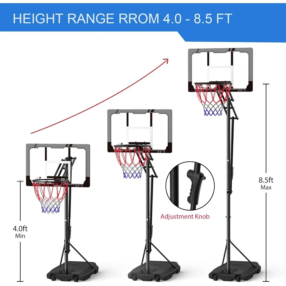 Adjustable Portable Basketball Hoop for Kids and Teens - 33 Shatterproof Backboard, Easy Height Adjustment 4 to 8.5 Feet, Youth