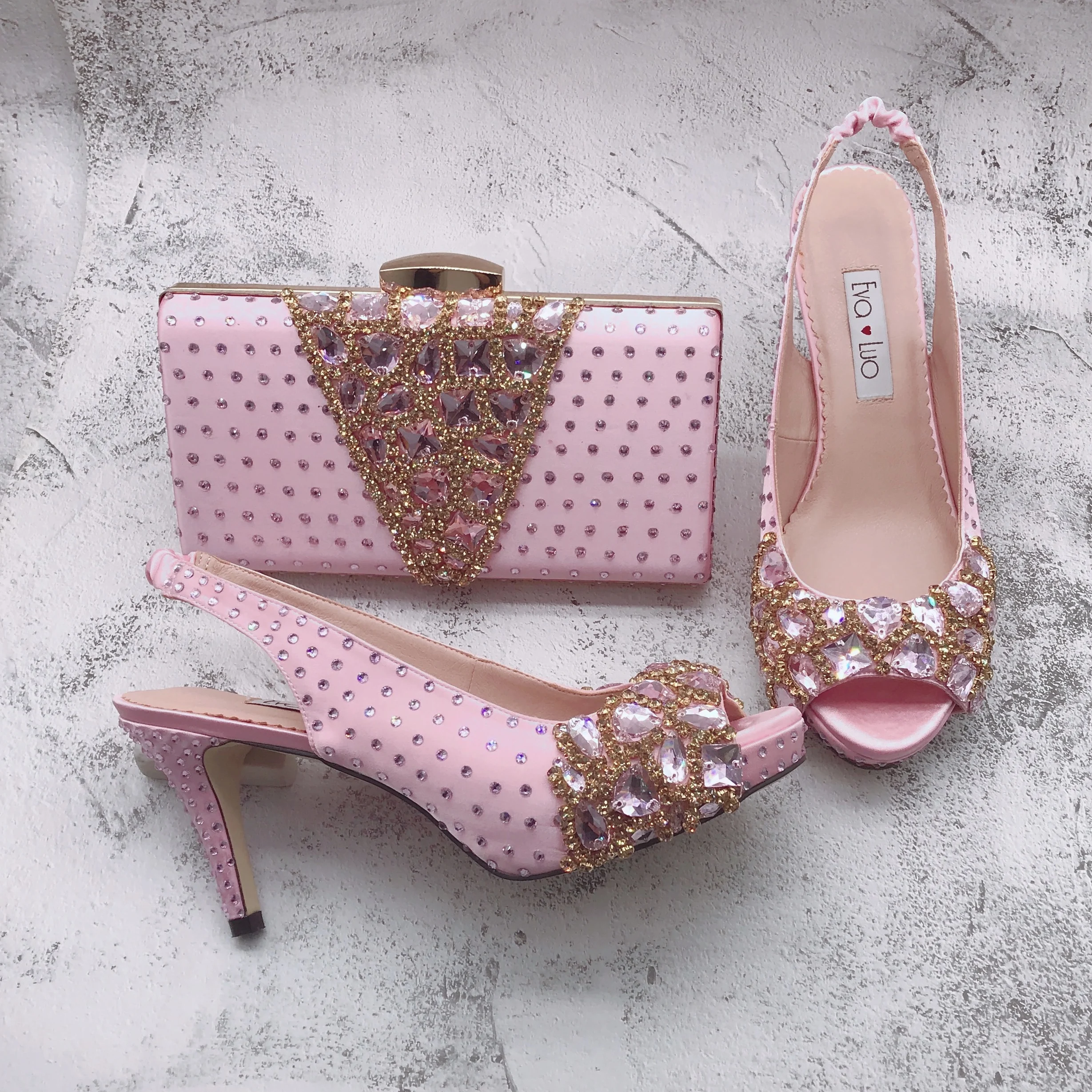 BS1678  Custom Made Women Bridal wedding Shoes High Heel Slingbacks Rose Pink  Stones Shoes with Matching Bags Set For Party