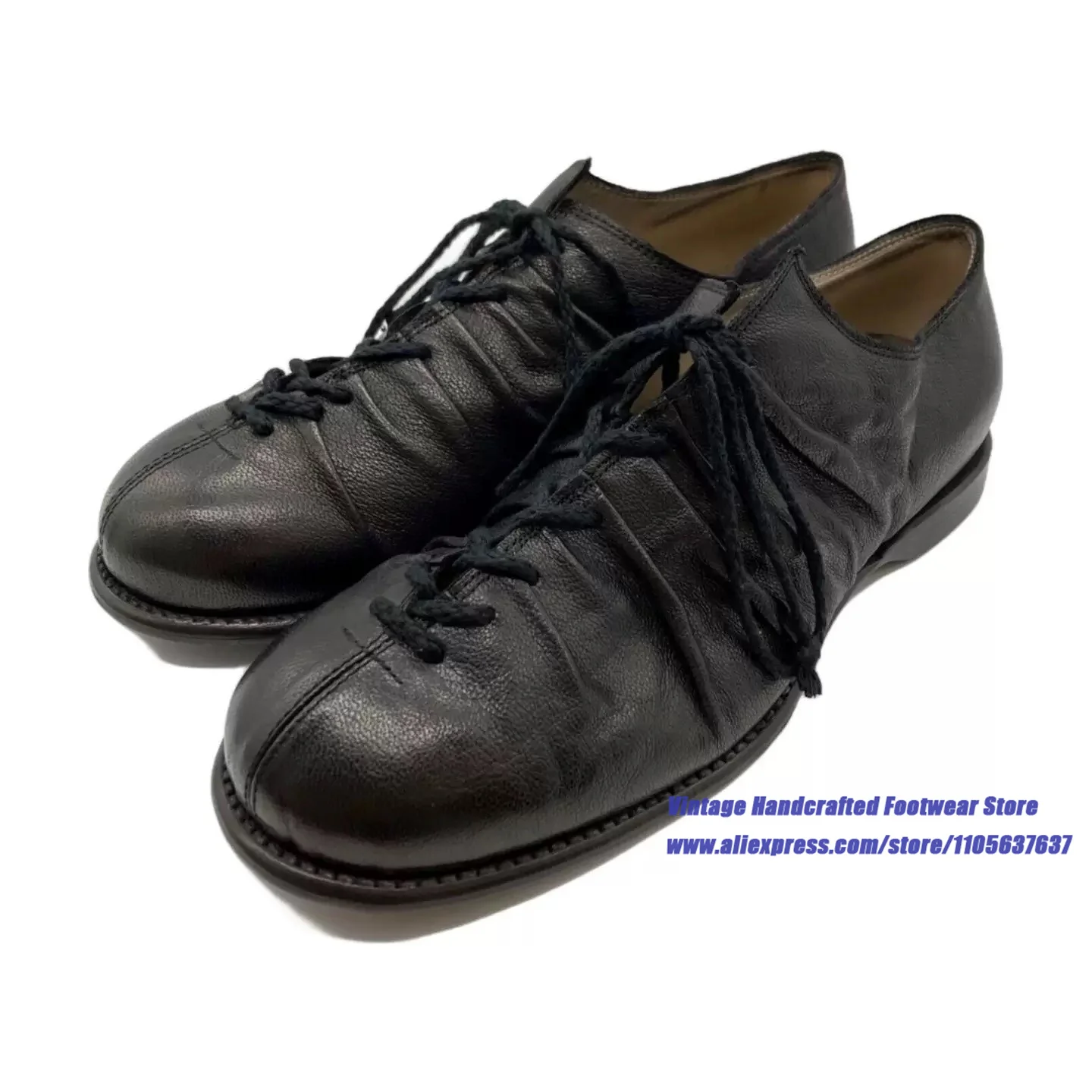 Black Wrinkle Gathered Leather Derby Shoes Ruched Thick Soled Lace Up Low Flat Sole Dress Shoes ﻿Vintage Handcrafted Men's Shoes