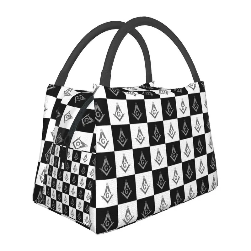 

Masonic Freemason Checkered Pattern Insulated Lunch Tote Bag Women Black and White Plaid Resuable Cooler Thermal Food Lunch Box