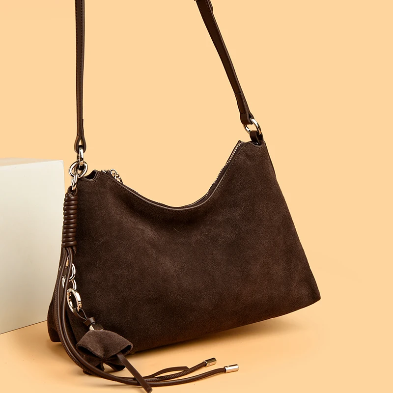 100% Echtes Wildleder Damen Schulter-Umhängetaschen Retro Echtleder Handtasche Designer Große Kapazität Pendler-Handtaschen – Detail 27