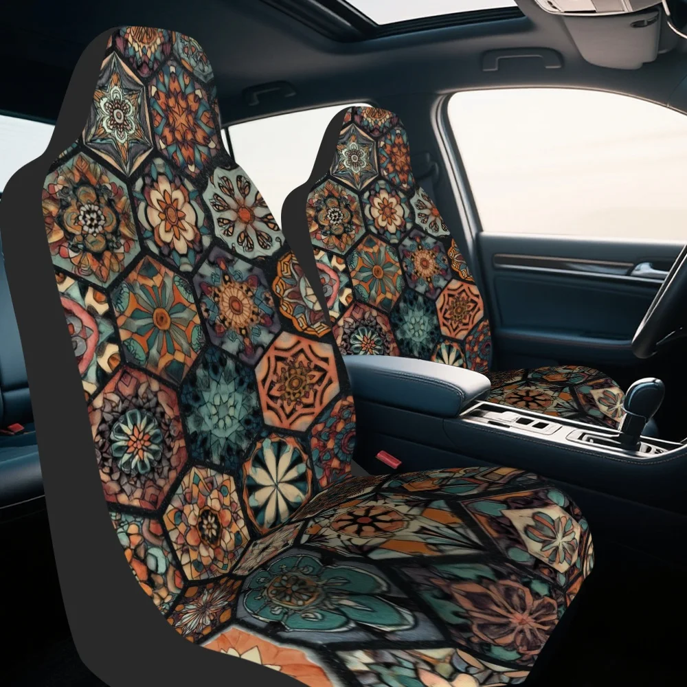 2pcs Mandala Bohemian Geometric Vintage Car Seat Covers - Soft Polyester, Machine Washable, Universal Fit For Driver & Passenger