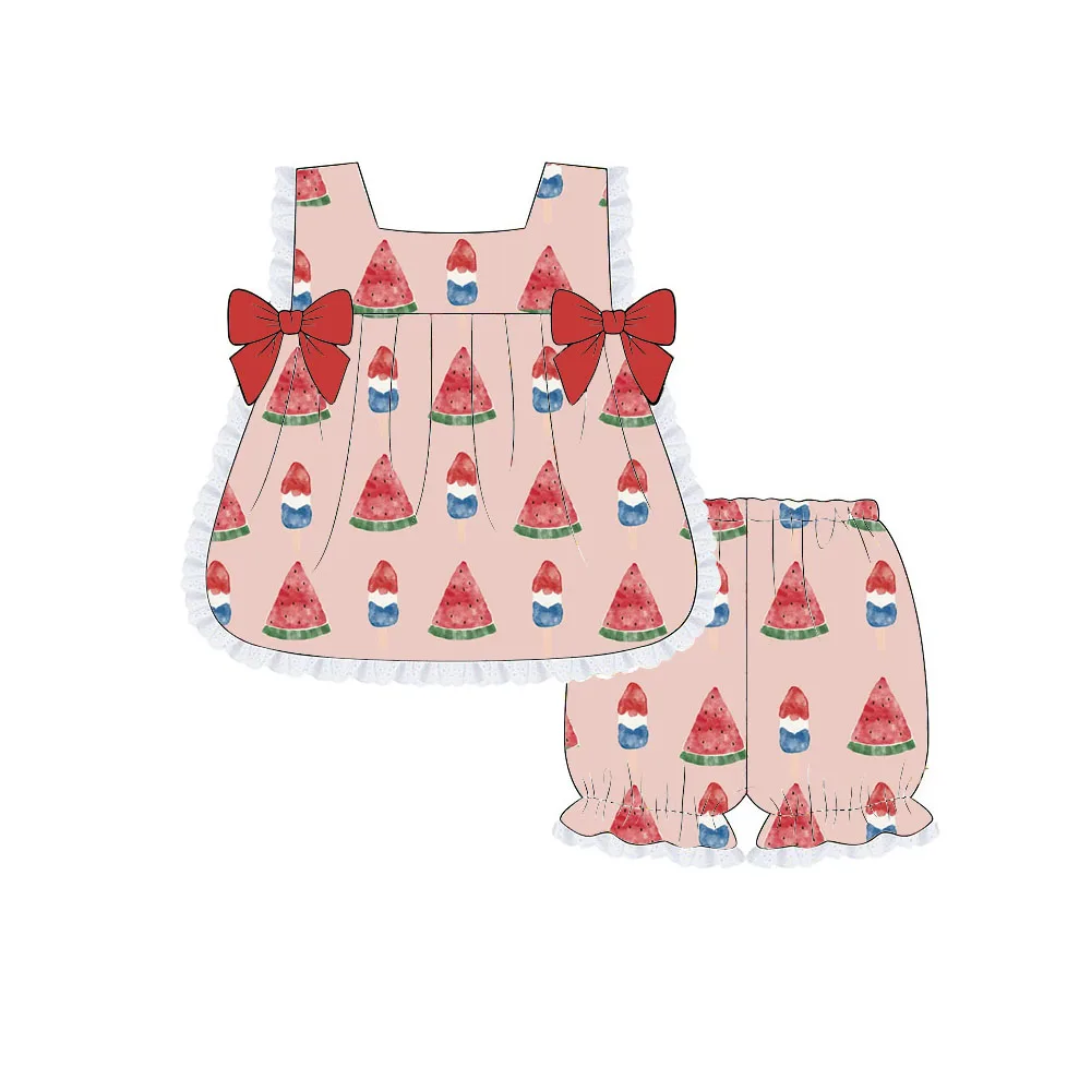 Boutique children's sets Bow-decorated camisole with ruffles paired with ruffled shorts independence Day print wholesale