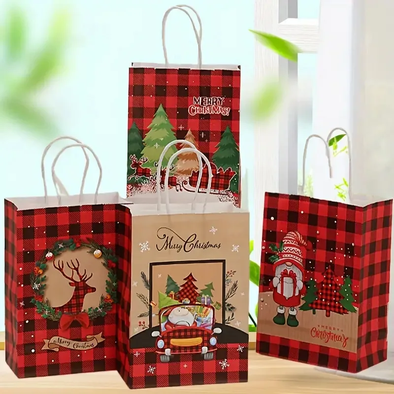 4/8pcs Christmas Kraft Paper Handbags Xmas Gifts Bag Merry Christmas Decor For Home Cristmas ,Wrapping Paper Christmas Bundle