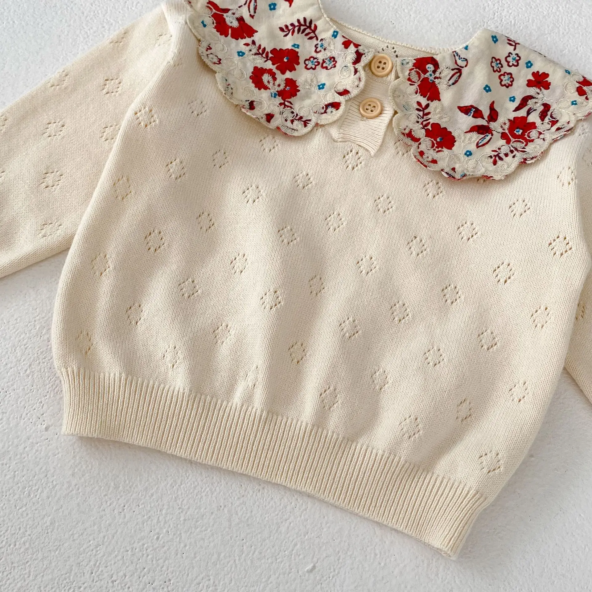 Instagram Spring and Autumn Fashion Versatile Sweater Knitted Baby Girl Sweet Big Lace Collar Knitted Pullover Top Bottom Sweate