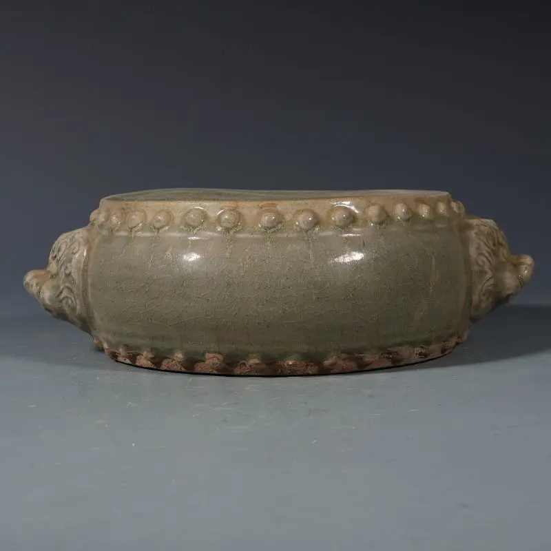 Song Style Yue Kiln Grey Celadon Crackled Glaze Double Beast Head Ear Drum Nail Brush Washer Vintage Chinese Study Table