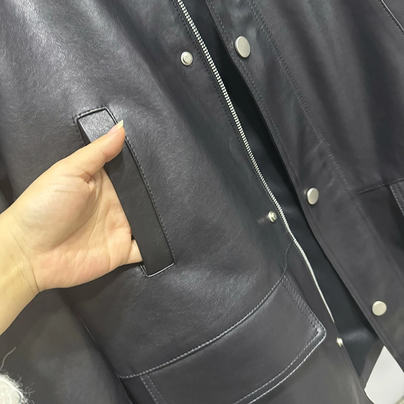 Giacca in pelle Autunno Donna Pelle di pecora conciata al vegetale piena Tasche con risvolto Camicia ampia da medio a lunga Trench Coat Blusas De Mujer