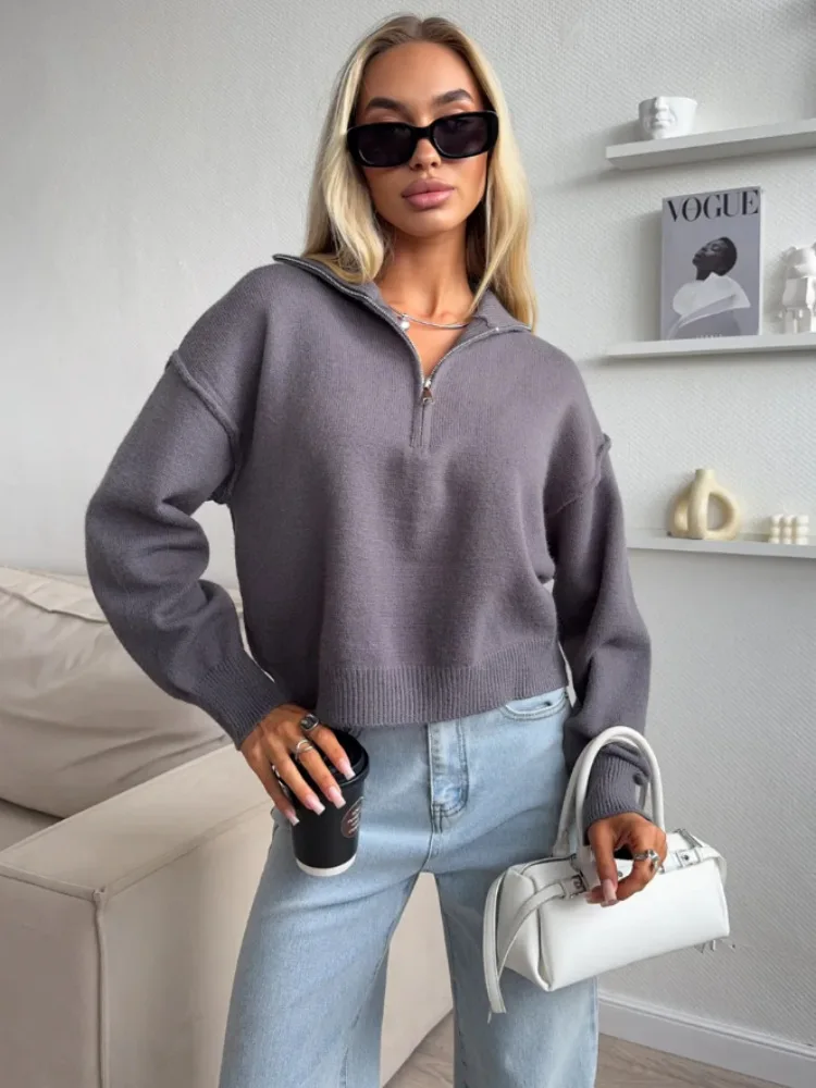 نصف سستة تصميم بلون المرأة سترة بسيطة موضة التلبيب طوق كم طويل البلوز القمم جديد كسول نمط عادية تريكو #4