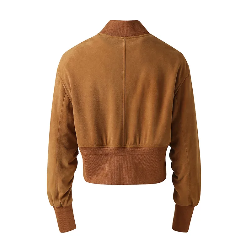 Jaqueta bomber de couro genuíno para mulheres, casaco casual, camurça marrom vintage, streetwear feminino