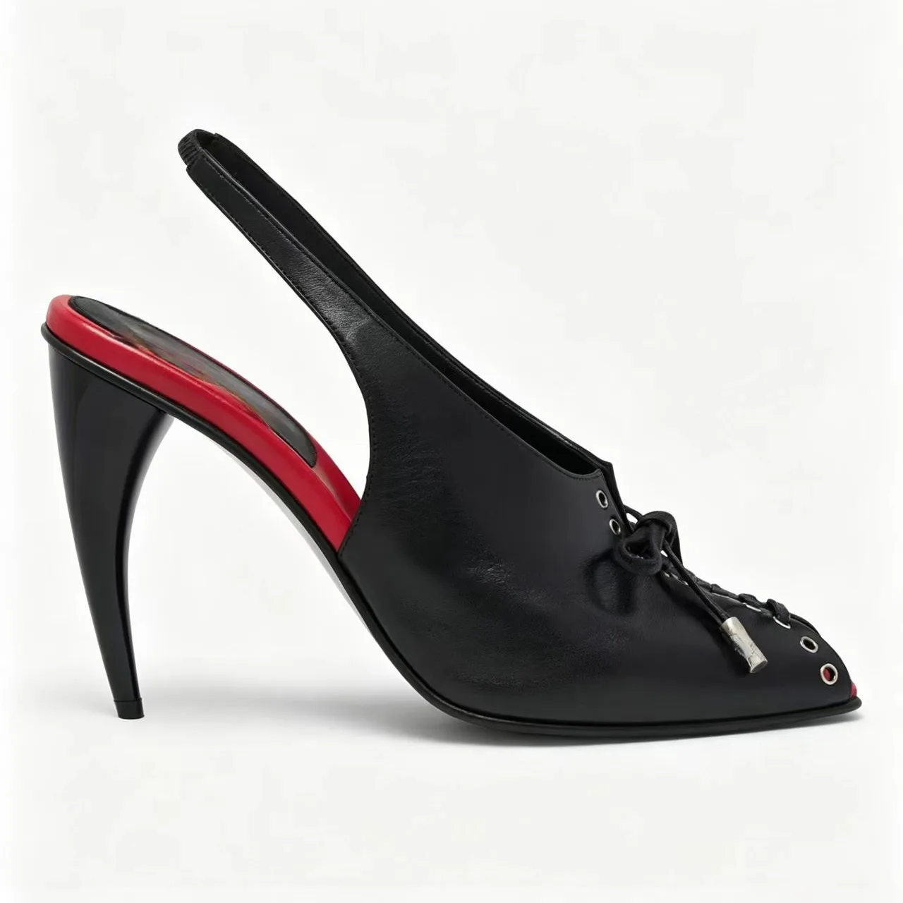 Peep Toe Slip Back Slingback Stiletto Sandals Womens Glossy Black Leather Front Lace Up Detail Contrast Red Insole Slim Tall Hig