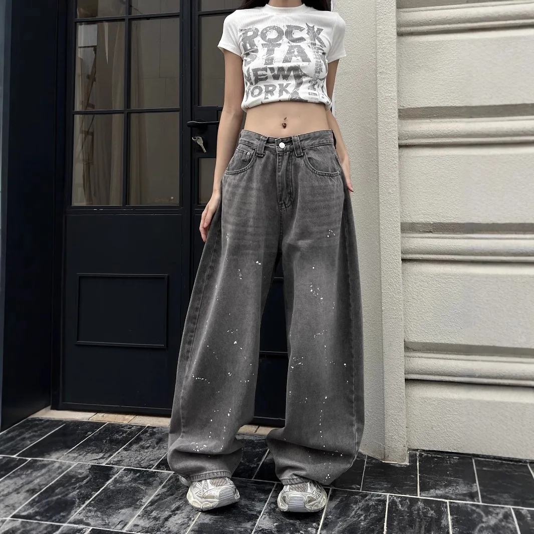 

Spring New Splashing Ink Smoke Gray Jeans Loose Scimitar Silhouette Lazy Loose Pants