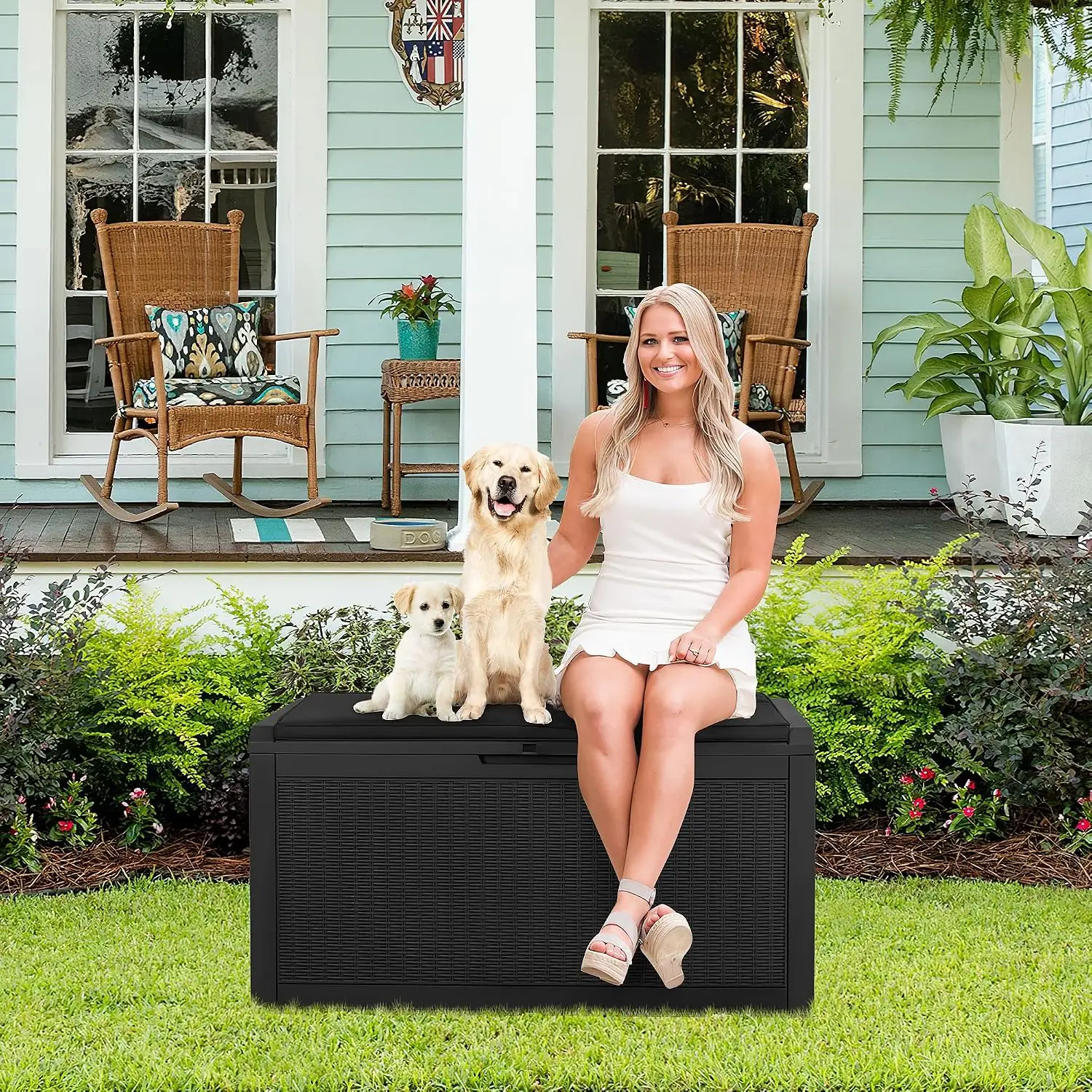 100 Gallon Waterproof Large Resin Deck Box Outdoor Storage Box Indoor Lockable Storage Container With Cushion For Patio Furniture Garden Pool Cushions Black