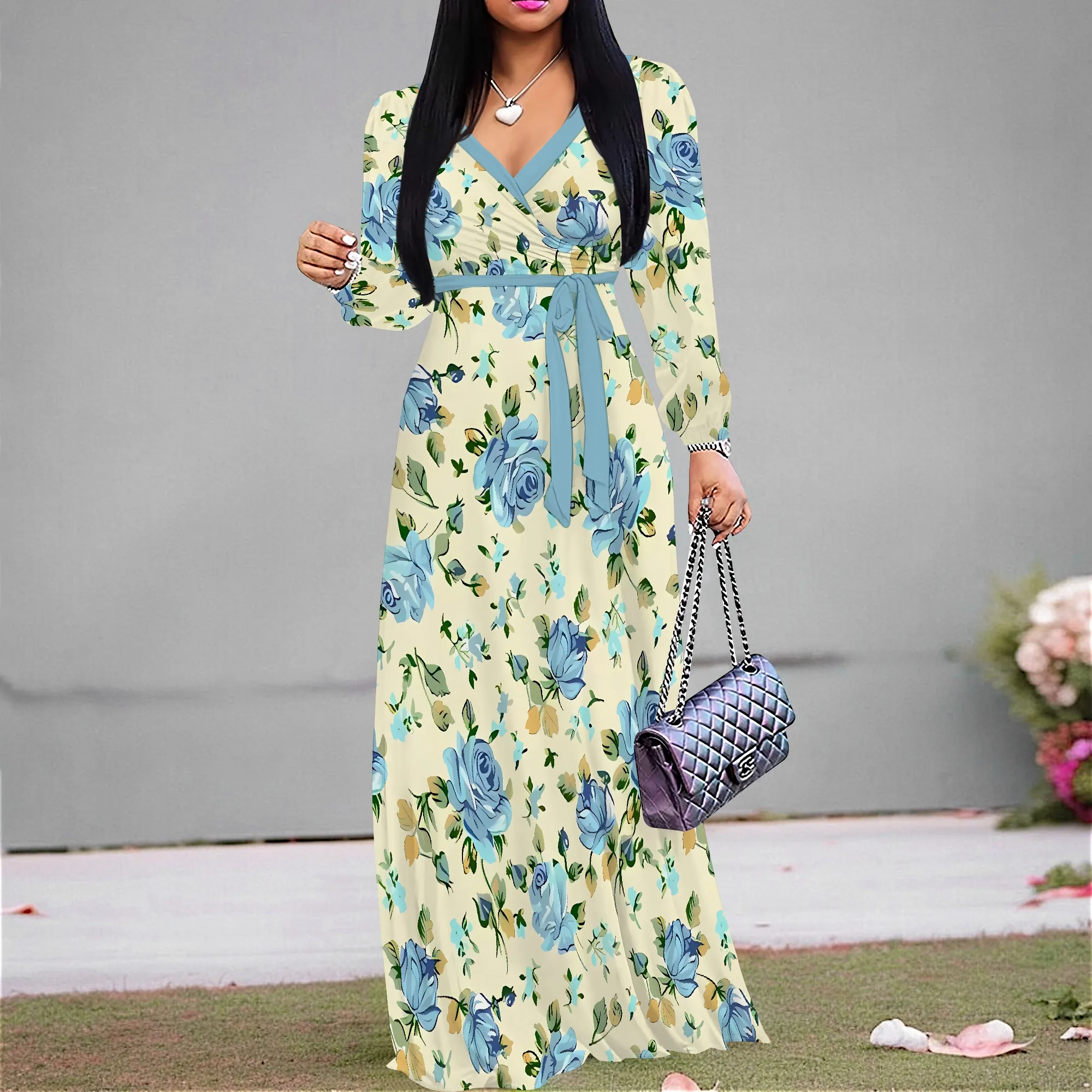 

Nupusa Blue Rose Print Dress for Women Regular Size Summer Casual V Neck Long Sleeve Belted Maxi Dress