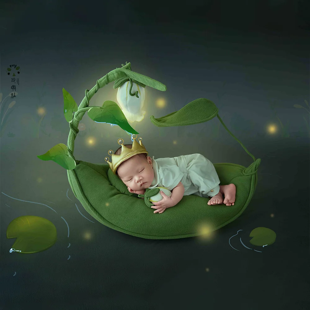 Baby Growth Milestone Photography Props Set Green Leaf Pea Pod Bed-Newborn Posing Prop Infant Photoshoot Outfit for Photo Studio