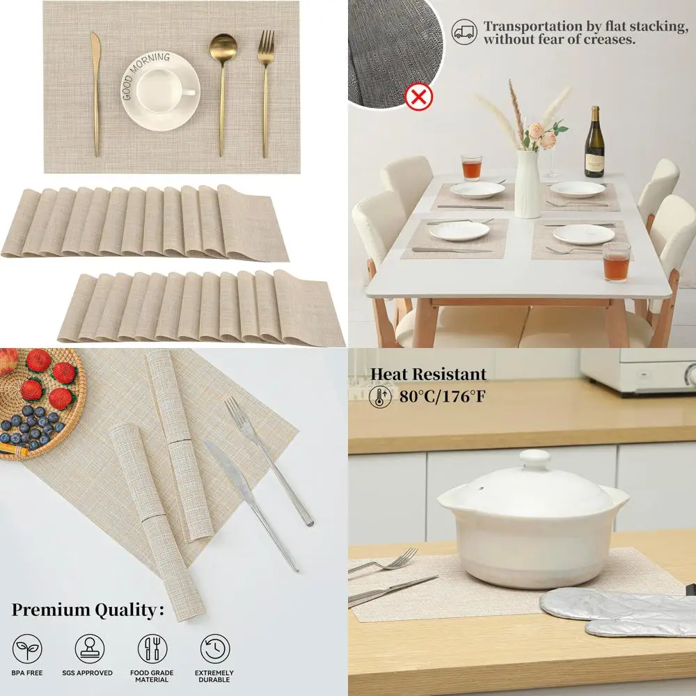 

Heat Resistant Washable PVC Vinyl Placemats Set of 24 - Non-Slip Dining Table Mats, Durable Woven Tab Design for Everyday Use