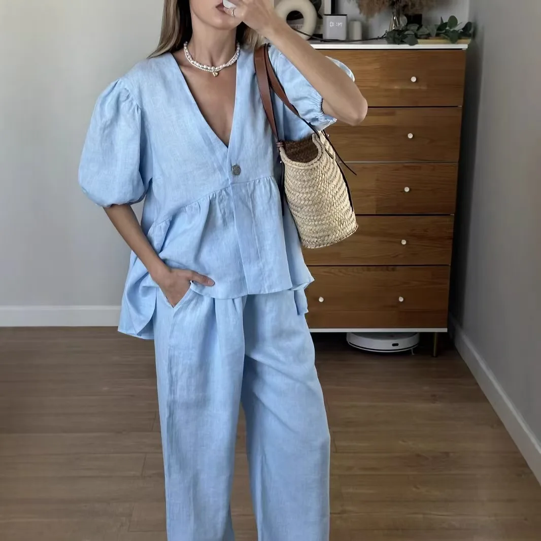 

2025 Новый женский однотонный брючный костюм с v-образным вырезом и короткими рукавами, летняя женская короткая футболка, топ + длинные брюки, комплекты из двух предметов