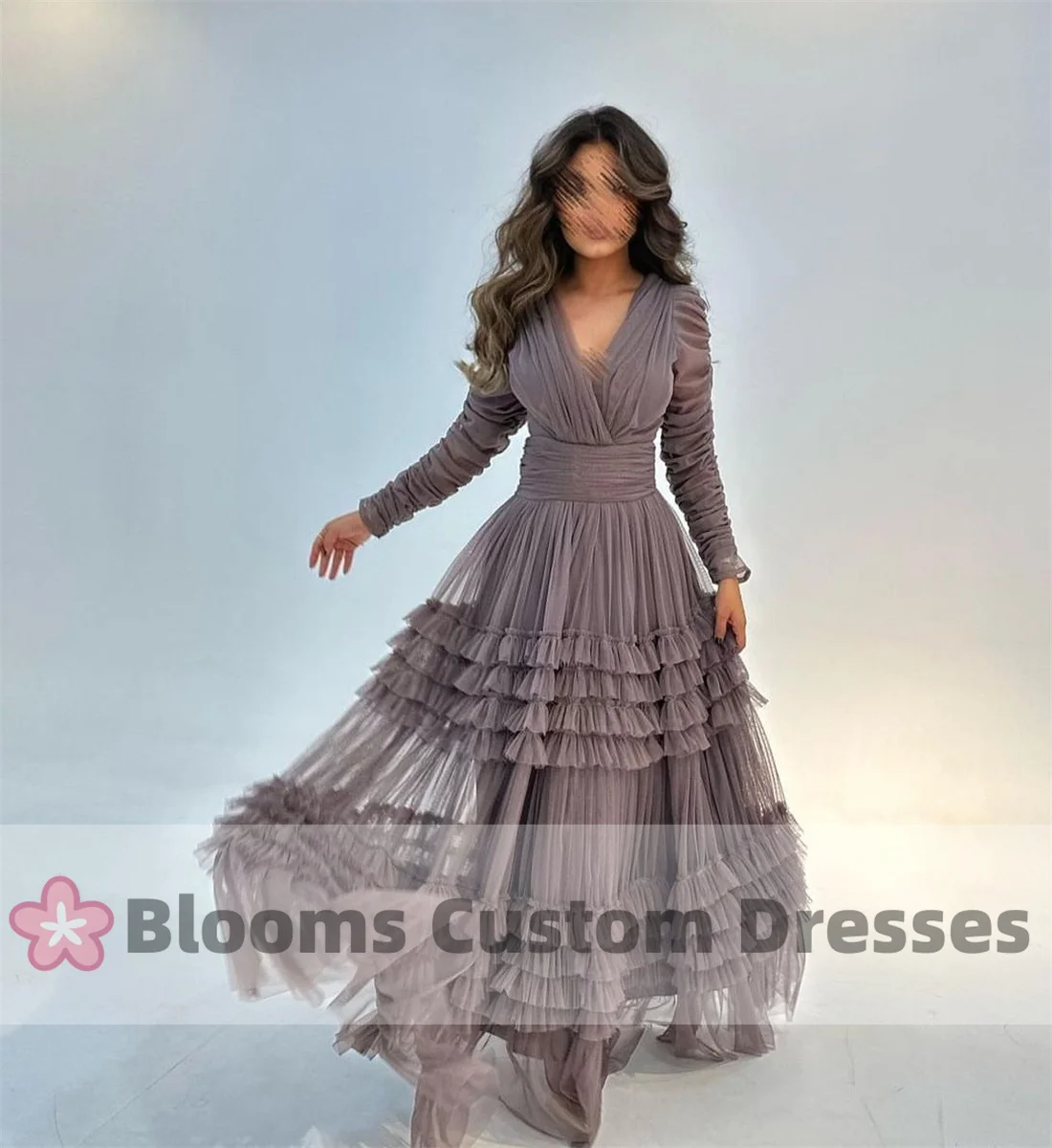 Blooms Customized Elegant Long Sleeves Prom Dresses Various colors Evening Dresses Ruffles V-Neck A-Line Customized Party Gown