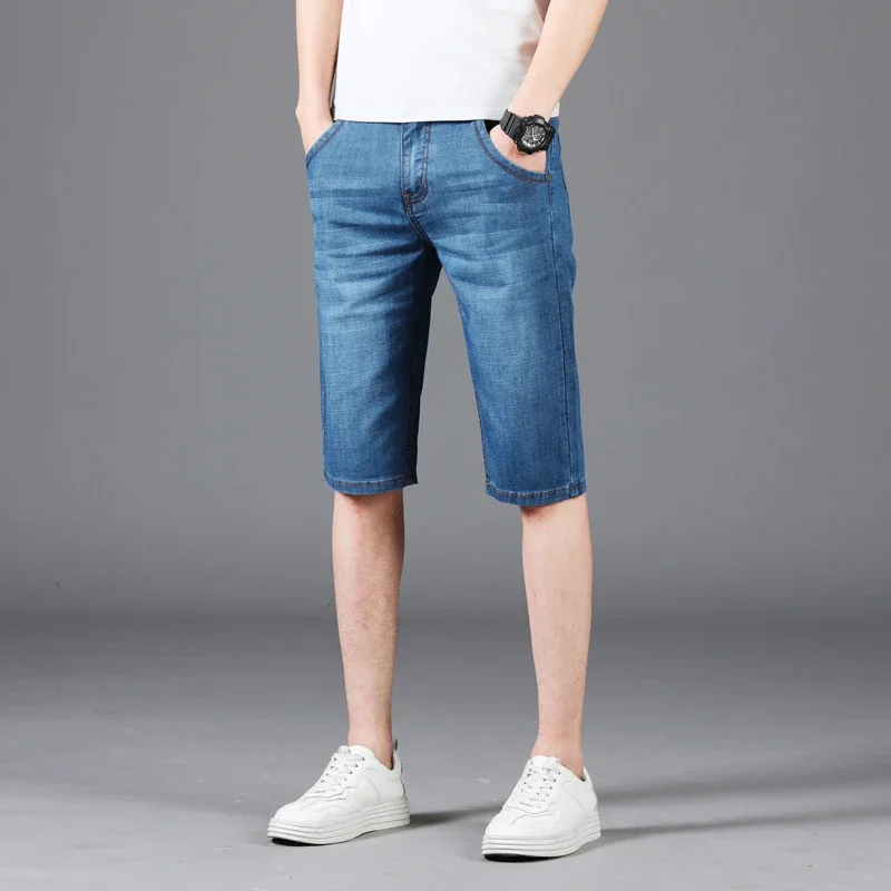 جديد الصيف الرجال الدنيم السراويل موضة بلون عادية فضفاض متعدد جيب مستقيم خمس دقائق السراويل مرونة الركبة الدنيم jorts