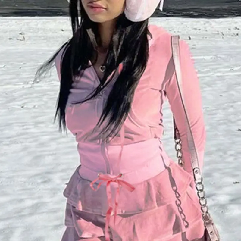 Skirt Suit Pink Velvet Hooded Jacket + Cake Skirt European And American Girls Casual Skirt Top Two-Piece Set