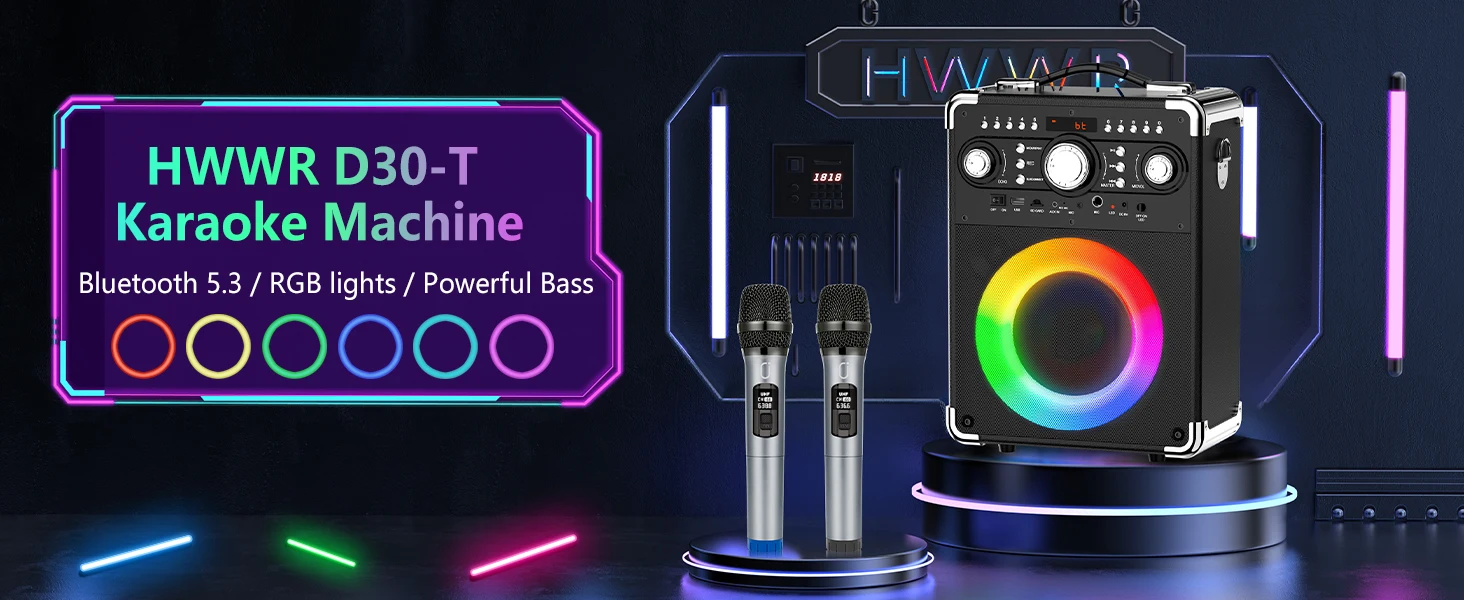 S8-T Karaoke-Maschine mit 3 kabellosen Mikrofonen für Erwachsene, Singing Machine unterstützt TWS/USB/TF-Karte/Gitarre/TV verbunden – Detail 4