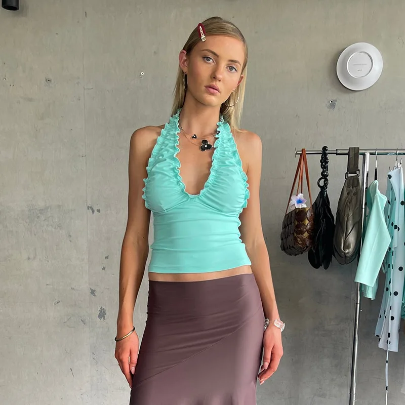 Women's Summer New Style C26TP175 Off-Shoulder Ruffle Hem Blouse Neck Hanging Back  Waist-Cinching Strap Top