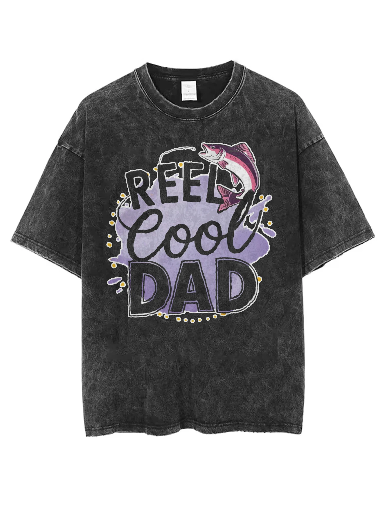 

Reel Cool Dad Women's Men's Black Washed Round-Neck T-Shirt Loose Fit Comfortable Style for Christmas Winter Season