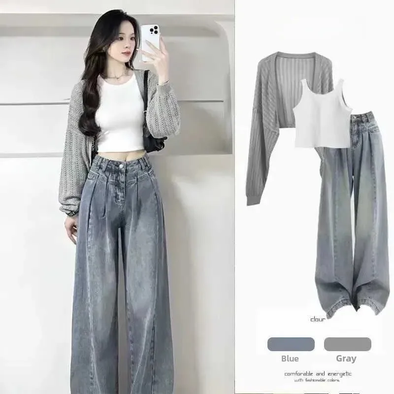 Summer Knitted Cardigan Outerwear Denim Wide Leg Pants Three Piece Set Women's Gentle Style Korean Version College Feel
