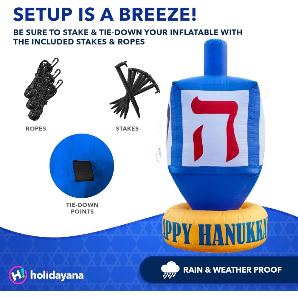 ديكور ساحة هانوكا دريديل العملاق بطول 8 أقدام - ديكور خارجي من شانوكاه مع مصابيح LED ومروحة