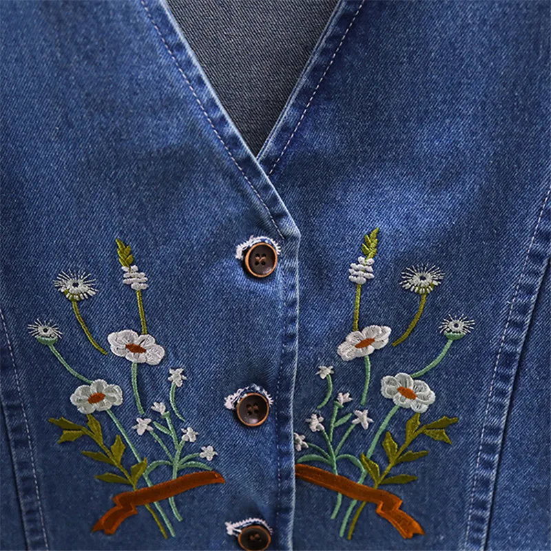 Vintage Blauwe Bloem Borduren Denim Vest Vrouwen Korte Cowboy Vest Lente Zomer Dunne V-hals Mouwloze Jeans Jas Vrouwelijke