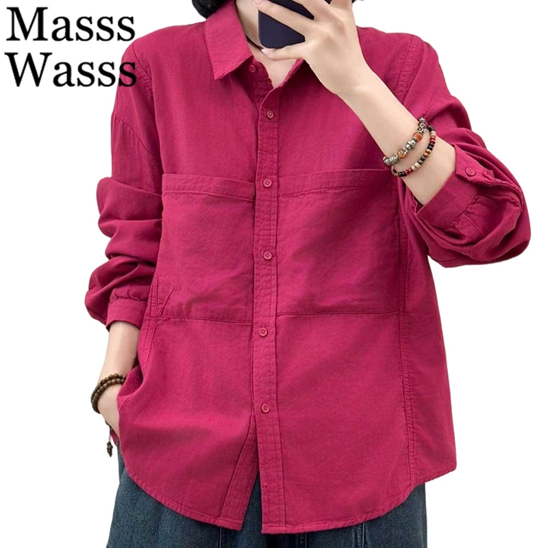 

Masss Wasss 2025 Autumn Korean Luxury Shirts Womens Fashion Leisure Blouses Ladies Loose Classic Solid Long Sleeve Cotton Tops