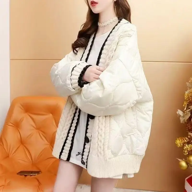 2026 Autumn Winter Women French Sweet Lazy Style Korean Version Spliced Tops Fashion Loose Thick Knitted Sweater Cotton Jacket