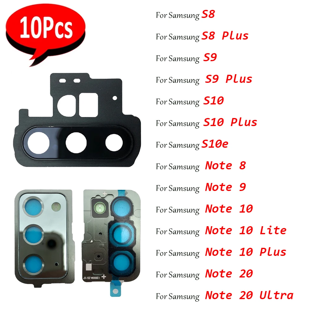 10Pcs，Back Camera Glass Lens With Cover Frame Holder with Sticker For Samsung Note 8 9 10 Lite 20 Ultra S8 S9 S10 Plus S10e