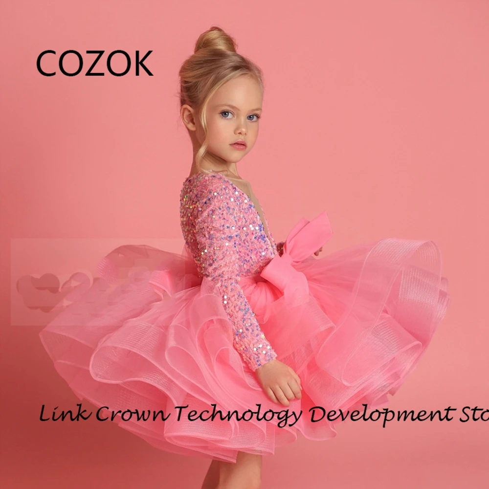 COZOK V Neeck Flower Girls Dresses with Sequined 2024 Summer Tutu Knee Length Wedding Party Dresses A Line فلور فتاة اللباس