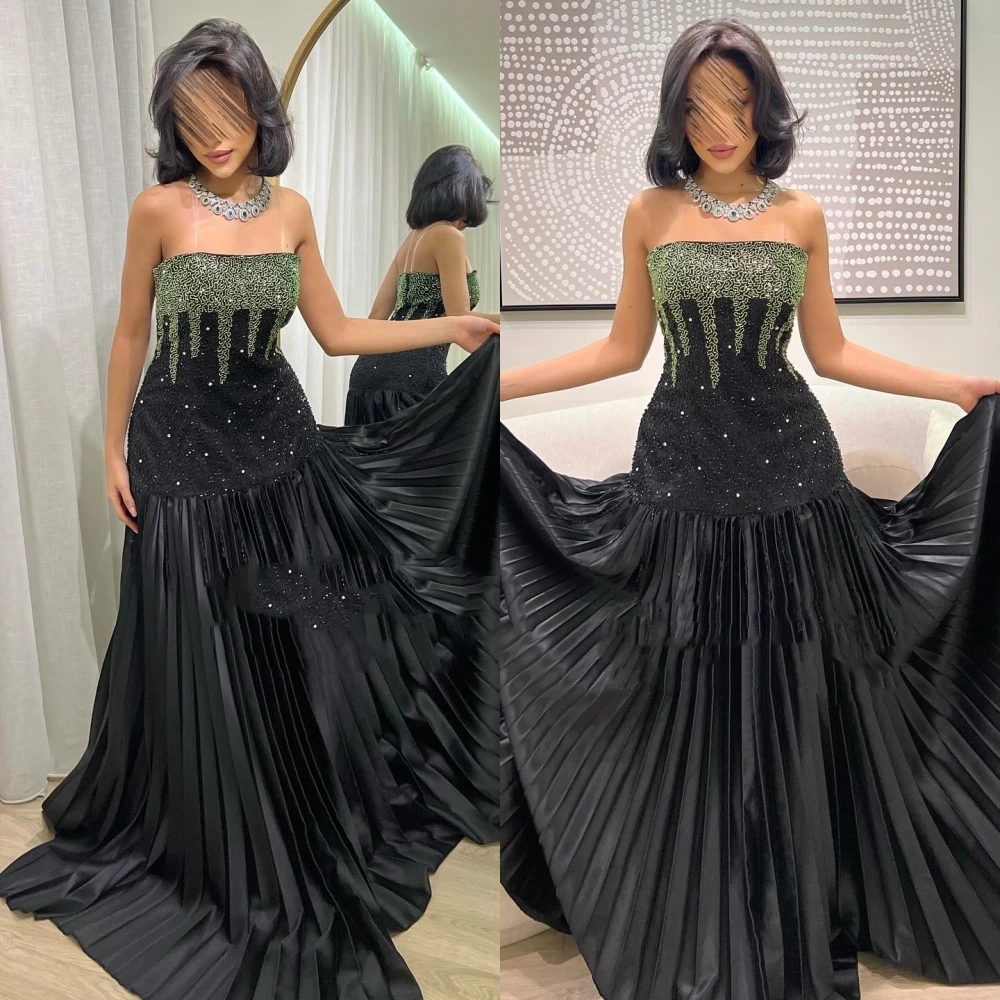 

Evening Satin Draped Pleat Sequined Cocktail Party A-line Strapless Bespoke Occasion Gown Long Dresses Saudi Arabia