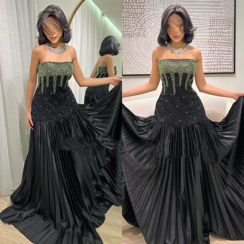 Customized Evening Satin Draped Pleat Sequined Cocktail Party A-line Strapless Bespoke Occasion Gown Long Dresses Saudi Arabia