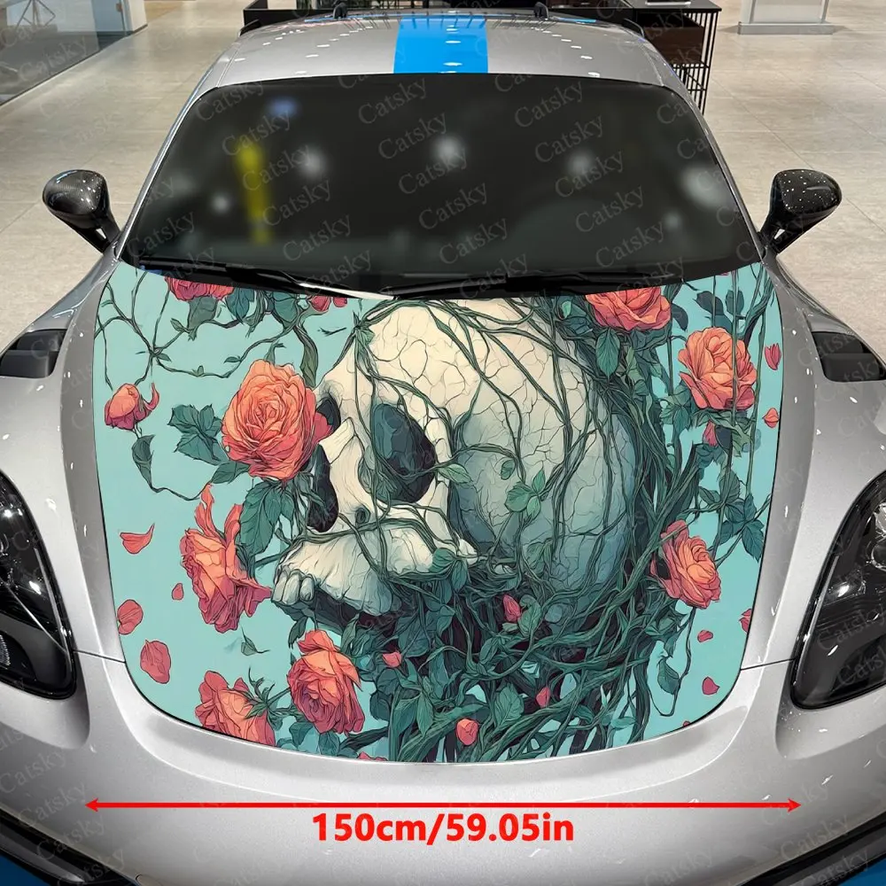 Turquoise Vined Skull Car Vinyl Wrap, PVC Waterproof Car Hood Sticker, Self-Adhesive Scratch-Resistant Stickers