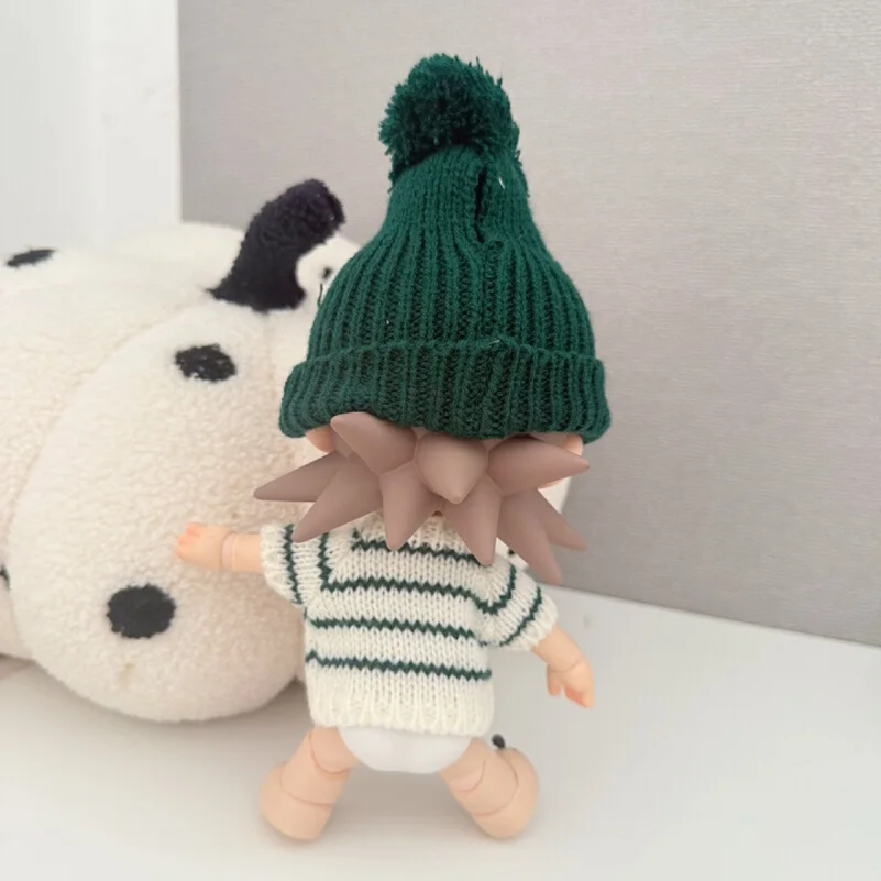 Zsiga 1/8 Scale Doll Clothes Set Dark Green Striped Knit Short Sleeve Sweater Knitted Pom Beanie Hat For Posable BJD Dolls