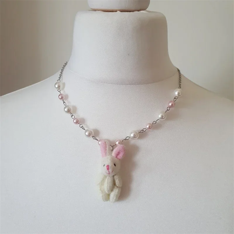 Kawaii Soft Plush Bunny Pendant Necklace Cute Fashion Animal Pink Beaded Chain Y2K Fairy core Coquettish Aesthetic Jewelry Gift