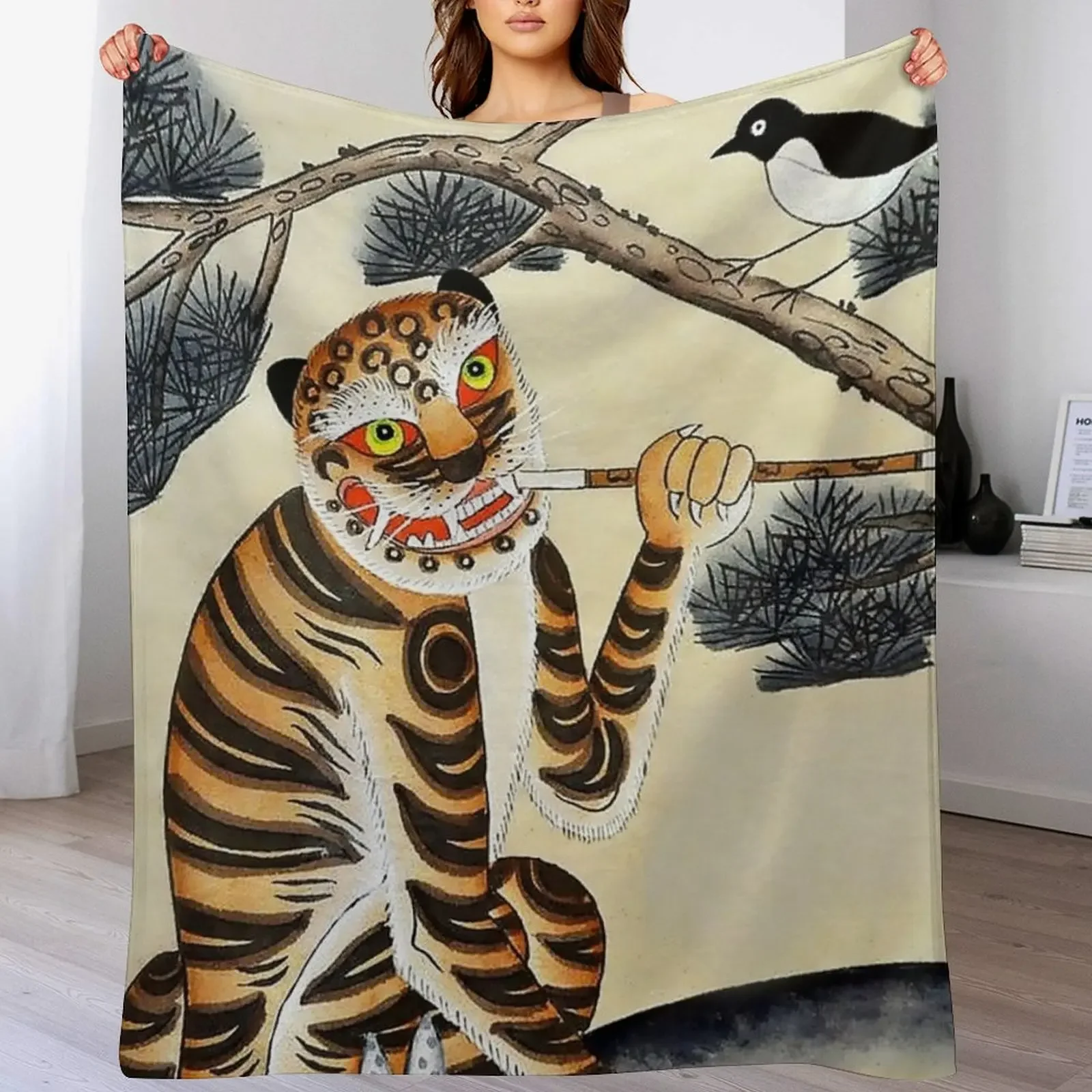 

Korean Minhwa Tiger with Pipe Throw Blanket Summer Beddings Luxury Luxury St Custom Blankets